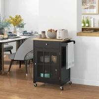 HOMCOM Rolling Kitchen Cart with Drawer and Glass Door Cabinet, Kitchen Island on Wheels with Towel Rack, Black(m-8)