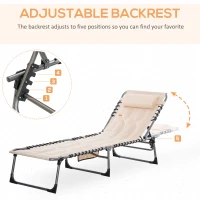 Outsunny Outdoor Lounge Chair, Folding Chaise Lounge, Patio Padded Tanning Chair with 5-position Adjustable Backrest, Pillow and Pocket for Deck, Beach, Lawn and Sunbathing, Beige(m-4)