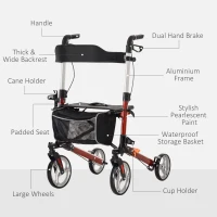 HOMCOM Lightweight Folding Rolling Walker with Large Seat, Back, Adjustable Handle, Bag, Dual Brake, Cane Holder, Red(m-7)