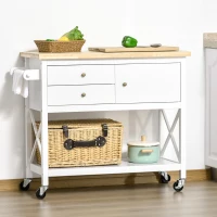 HOMCOM Rolling Kitchen Island Cart, Utility Trolley Cart with Rubberwood Top Storage Cabinet, 2 Drawers, Towel Rack, White(m-2)