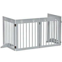 PawHut Freestanding Pet Gate 4 Panel Wooden Dog Barrier Folding Safety Fence with Support Feet for Doorway Stairs Light Grey(m-2)