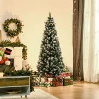 HOMCOM 6ft Decorated Christmas Tree with Red Berries and Pine Cones, Flocked Christmas Tree with Pencil Shape, Green(m-1)