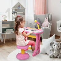 Qaba Kids Toy Keyboard Piano Toddler Electronic Instrument with Stool, Microphone and Bright Flashlight for Children Birth Gift, Pink(m-10)