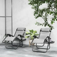 Outsunny Zero Gravity Lounge Chair Set, 2 Pieces Reclining Folding Outdoor Lounge Chairs with Headrest Side Tray, Light Gray(m-10)