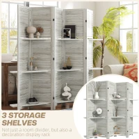 HOMCOM 5 Panel 67" Tall Wood Privacy Screen Room Divider with 3 Shelves and Folding Storage for Bedroom, Distressed White(m-4)