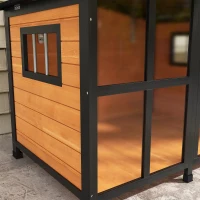 PawHut Cabin-Style Wooden Dog House for Large Dogs with Openable Roof & Giant Window, Yellow(m-9)