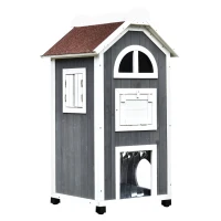 PawHut 43"H Wooden Cat House Outdoor with Hammock, Weatherproof 3-Floor Feral Cat Shelter with Escape Doors, Asphalt Roof, Inside Ladders, Gray(m-1)