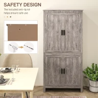 HOMCOM 64" 4-Door Kitchen Pantry, Freestanding Storage Cabinet with 3 Adjustable Shelves for Kitchen, Gray Oak(m-6)