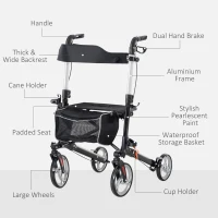 HOMCOM Lightweight Folding Rolling Walker with Large Seat, Back, Adjustable Handle, Bag, Dual Brake, Cane Holder, Black(m-7)
