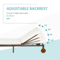 Outsunny Patio Rattan Sun Lounger with 4-Level Adjustable Backrest and Wheels, Wicker Chaise Lounge Chair with Cushion, for Patio, Deck, Poolside Cream White(m-4)