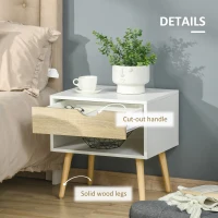 HOMCOM Set of 2 Bedside Table with Drawer and Shelf, Modern Nightstand with Wooden Legs, End Table for Bedroom, White(m-5)