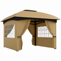 Outsunny 11' x 11' Outdoor Gazebo, Double Roof Patio Gazebo with Curtains, Church Windows, Galvanized Steel Frame, Beige(m-11)