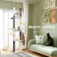 PawHut 89"- 100" Floor to Ceiling Cat Tree with Scratching Posts, Hammock, Perches & Toy Balls, White(m-6)