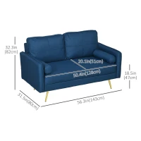 HOMCOM 56" Loveseat Sofa for Bedroom Upholstered 2 Seater Couch with Back Cushions and Pillows, Blue(m-3)