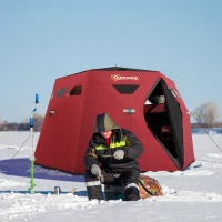 Outsunny 4 Person Insulated Ice Fishing Shelter, Pop-Up Portable Ice Fishing Tent with Carry Bag and Two Doors for -22℉, Red(m-1)