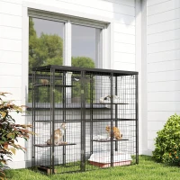 PawHut Weld Wire Catio Outdoor Indoor with Waterproof Cover, 4 Jumping Platforms, Hammock, for 1-3 Kittens, 69" x 22" x 62"(m-10)