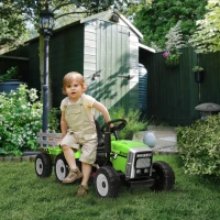 Aosom 12V Ride on Tractor with Trailer, 25W Dual Motors, Battery Powered Electric Tractor with Remote Control, Music Startup Sound and Horn, LED Lights, Green(m-10)