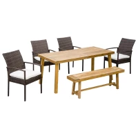 Outsunny Outdoor Dining Set for 6, Patio Dining Furniture Set with PE Wicker Chairs, Armrests, Acacia Wood Loveseat Bench & Dinner Table, Cushions, White(m-11)
