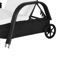 Outsunny Wicker Outdoor Chaise Lounge Chair Set of 3 with Side Table, 5-Level Adjustable Backrest PE Rattan Pool Lounge Chair with Wheels, Cushion & Headrest, Black and Cream White(m-9)