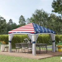 Outsunny 10' x 10' Pop Up Canopy Tent with Netting, Instant Tents for Parties, Height Adjustable, with Wheeled Carry Bag and 4 Sand Bags for Outdoor, Garden, Patio, American Flag(m-10)