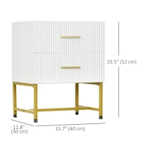 HOMCOM 2 Pieces Nightstands with Storage, Modern Bedside Tables with 2 Fluted Drawers and Gold Legs for Bedroom, White(m-3)