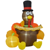 HOMCOM 5ft Inflatable Thanksgiving Turkey Pulls Banner with Pumpkin, Blow Up LED Display for Garden Indoor Outdoor