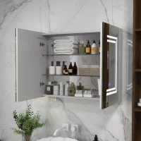 kleankin Bathroom Mirror Cabinet with Light, Bathroom Storage Cupboard with USB Charge, Adjustable Shelf, 31.5"W x 25.5"H, White(m-10)