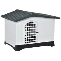 PawHut Plastic Dog House Puppy Kennel Pet Shelter with Raised Base Window Door for Large Medium Dogs Indoor & Outdoor 44"L x 33"W x 31.5"H Grey, White(m-2)