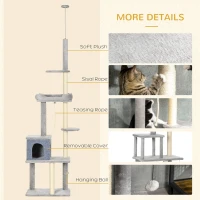 PawHut Cat Tree Floor to Ceiling Cat Tower Height Adjustable( 85-101 Inches), Tall Large Cat Climbing Activity Center with Scratching Posts Cat Condo Cozy Bed, Grey(m-7)