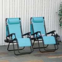 Outsunny 2 Piece Foldable Lounge Chair with Canopy Shade, Outdoor Zero Gravity Chair w/ Side Tray & Cup Holder, Reclining Lounger w/ Breathable Mesh Fabric Seat, Pillow, Sky Blue(m-1)