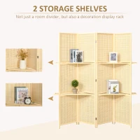 HOMCOM 4-Panel Folding Room Divider, 6 Ft Freestanding Bamboo Privacy Screen Panel with Storage Shelves for Bedroom or Office, Natural Wood Color(m-4)