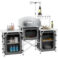 Outsunny Aluminum Camping Kitchen, Portable Folding Camping Table with Fabric Cupboards, Windshield, Bag for BBQ, Picnic, Gray(m-11)