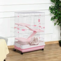 PawHut 32"L 4-Level Small Animal Cage with Universal Lockable Wheels, Slide-out Tray for Bunny, Chinchillas, Ferret, Pink(m-8)