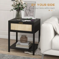 HOMCOM Boho Nightstand, Bedside Table with Rattan Drawer and Open Shelf, Side End Table for Bedroom, Living Room, Black(m-4)