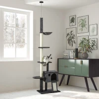 PawHut 110" Huge Cat Tree Kitty Activity Center Floor-to-Ceiling Cat Climbing Toy with Scratching Post Board Hammock Hanging Ball Rest Pet Furniture Dark Grey(m-1)