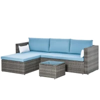 Outsunny 3-Piece Patio Furniture Set Modern Sectional Sofa Rattan Chair Wicker Conversation Set Outdoor Hand Woven Rattan Wicker Furniture Patio Coffee Table Sofa Set, Blue(m-11)