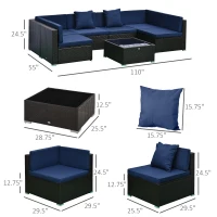 Outsunny 7-Piece Patio Furniture Set, Outdoor Wicker Conversation Set, All Weather PE Rattan Sectional Sofa Set with Cushions and Tempered Glass Top Coffee Table, Pillows, Dark Blue(m-3)