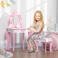 Qaba Kids Vanity Table & Chair Set Girls Dressing Set with Mirror Drawer Cute Patterns for 3-6 Years Old, Pink(m-7)
