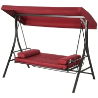 Outsunny 3 Person Patio Swing Chair Bed, Converting Flatbed, Outdoor Porch Swing Bed Glider with Adjustable Canopy, Removable Cushions, Pillows, for Garden, Poolside, Backyard, Red(m-11)