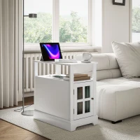 HOMCOM Narrow Side Table End Table with Charging Station, USB Ports, Modern End Table with Storage for Living Room, White(m-10)