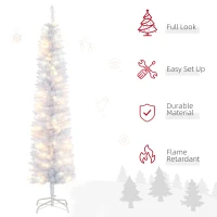 HOMCOM 6ft Tall Prelit Pencil Artificial Christmas Tree, Holiday Décor with 395 Realistic Branches, 100 LED Lights, Foldable Metal Base, White(m-4)