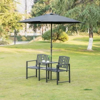Outsunny Metal Garden Bench with Middle Table and Umbrella Hole, 2-in-1 Double Patio Chairs, Outdoor 2-person Tete-a-Tete, Slatted, Black(m-7)