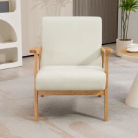 HOMCOM Mid-Century Modern Accent Chair Retro Fabric Armchair Wooden Arm Upholstered Lounge Chair for Living Room Cream White(m-6)