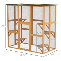 PawHut Outdoor Cat House Big Catio Wooden Feral Cat Shelter Enclosure with Large Spacious Interior, 6 High Ledges, Weather Protection Asphalt Roof, 71" L, Orange(m-3)