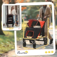 PawHut Dog Stroller for Large Medium Small Dogs up to 66 Lbs. 23.5" in Body Length, One-Click Foldable Pet Cat Stroller with Storage, Shock Absorption Wheels, Mesh Window, Safety Leash, Red(m-3)