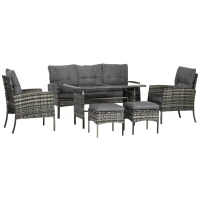 Outsunny 6 Piece Patio Furniture Set with Patio Chairs, Ottomans, Sofa, Glass Top Table and Cushions, Wicker Rattan Outdoor Furniture Set for Backyard, Porch, Grey(m-11)