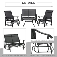 Outsunny 4 Pieces Gliders Set, Outdoor Furniture Sets with 2-Person Glider Patio Bench, Single Sling Chair and Glass Coffee Table for Backyard, Lawn and Garden, Black(m-7)