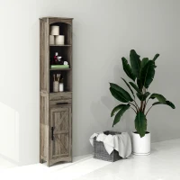 HOMCOM Farmhouse Tall Slim Bathroom Storage Cabinet with Recessed Drawer, Narrow Cabinet with Barn Door, Weathered Gray Oak(m-10)