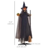 HOMCOM 6.2' Life Size Decoration Animatronic Witch w/ Broomstick Outdoor Halloween, Sound & Motion Activated w/ Light Up Eyes(m-3)