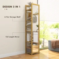 HOMCOM 66" x 14" Standing Mirror with 6-Tier Shelf, Floor Mirror Full Body Mirror for Bathroom, Living Room, Nature Wood(m-4)